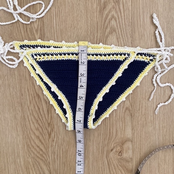 Boho Crochet Bikini Set Navy Blue Yellow Trim Festival Ready Beach Outfit - Picture 8 of 10